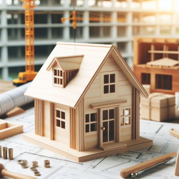 wooden house model on blurry construction background Isolated on white background