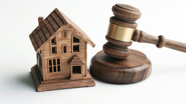 Wooden House Model and Gavel on White Background