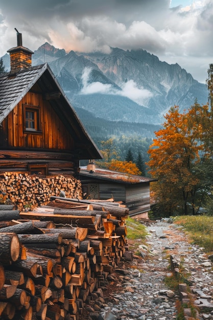 Wooden house in the mountains A old wood house with stacked firewood