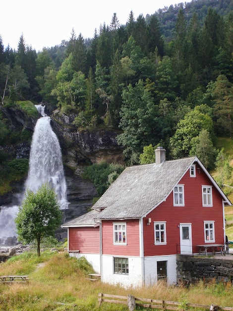 Wooden house near the waterfall Norway Closeup