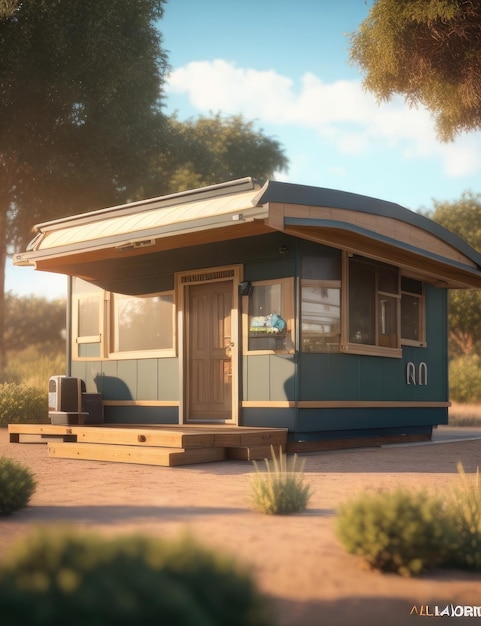 Wooden house in the park on a sunny day 3d rendering