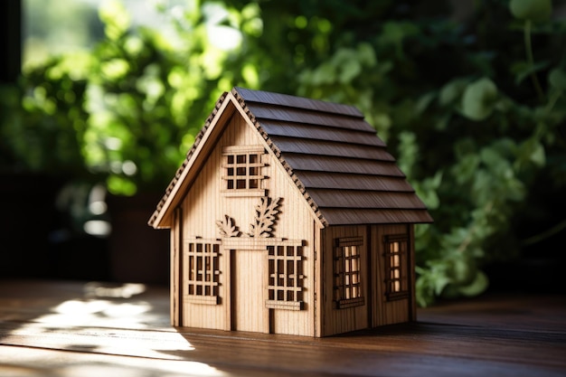 A wooden house replica placed against a wooden backdrop serving as a representation of building envi