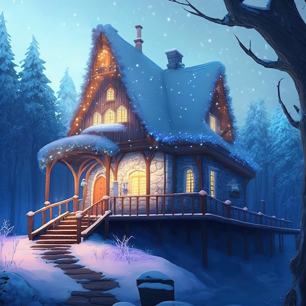 Wooden house in snow forest Magical winter wonderland 3D illustration