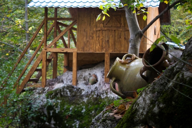 Wooden house on a stone in the forest