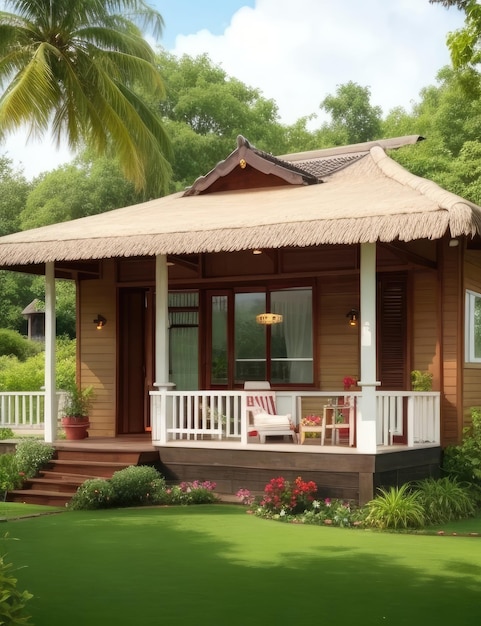 Wooden house in the tropics with palm trees and flowers