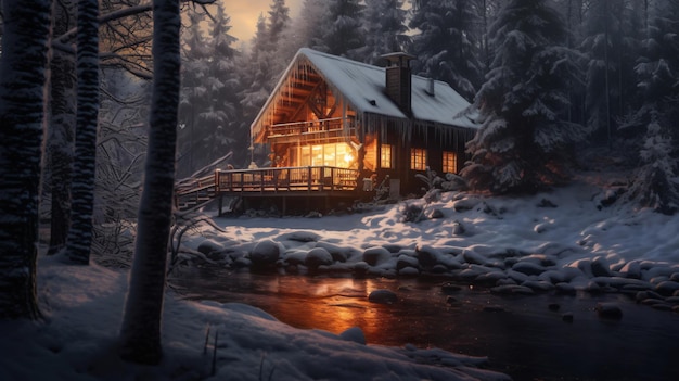 Wooden House in Winter forest