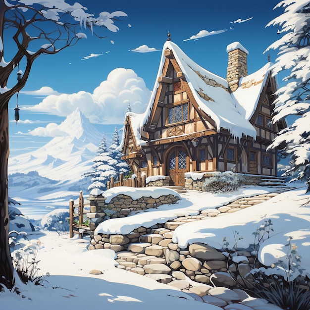 wooden house in winter illustration