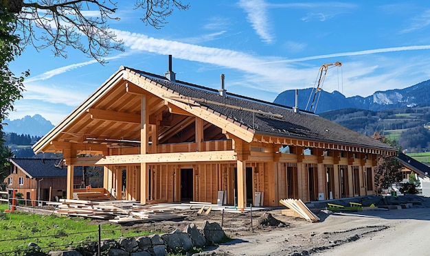 a wooden house with a large deck that has a large window that says