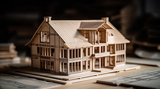 A wooden house with a large front porch and a wooden roof.