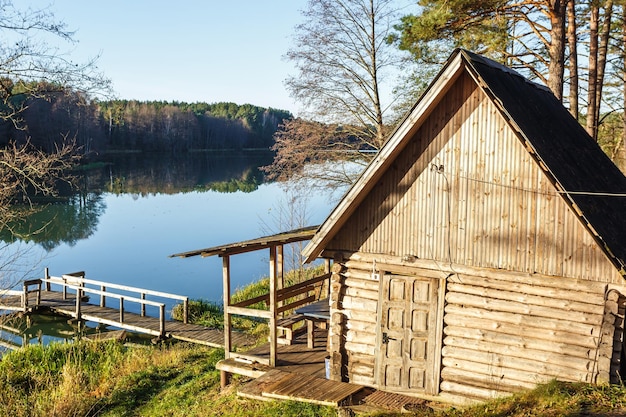 Wooden house with piers on the lake a place to relax from the hustle and bustle of the city