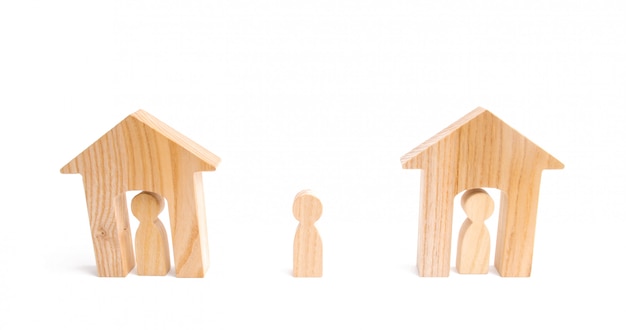 Wooden houses and people and a man between them on a white background. 