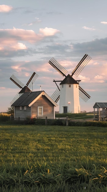 Photo wooden houses and windmills near green field