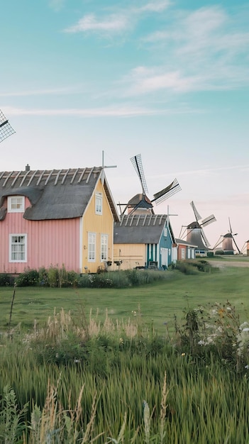 Photo wooden houses and windmills near green field