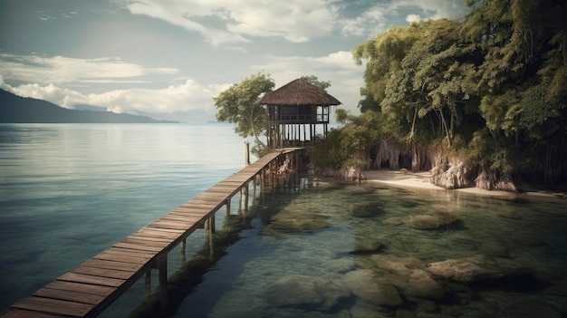 A wooden hut on a lake with a cloudy sky in the background.