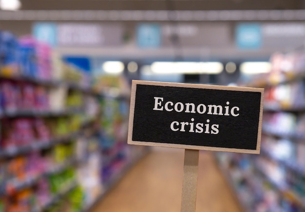 Wooden information label sign with text ECONOMIC CRISIS against defocused store shelves