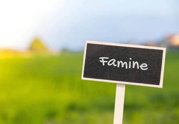 Wooden information label sign with text FAMINE against defocused agriculture field message