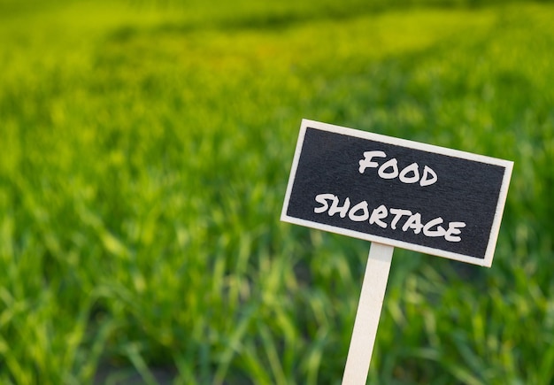 Wooden information label sign with text FOOD SHORTAGE against defocused agriculture field message