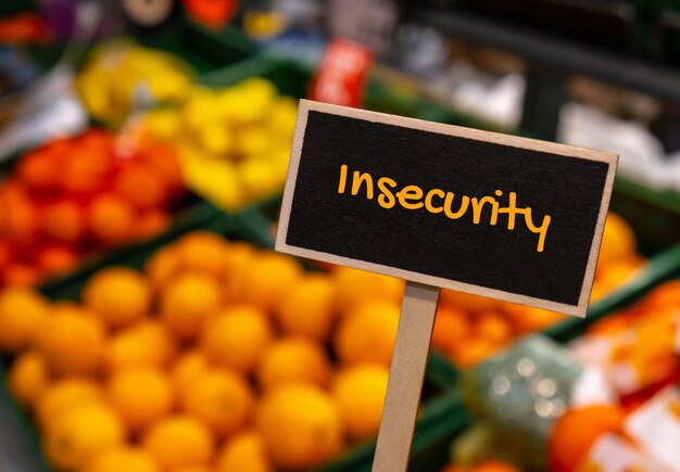 Wooden information label sign with text INSECURITY against defocused store shelves message Global