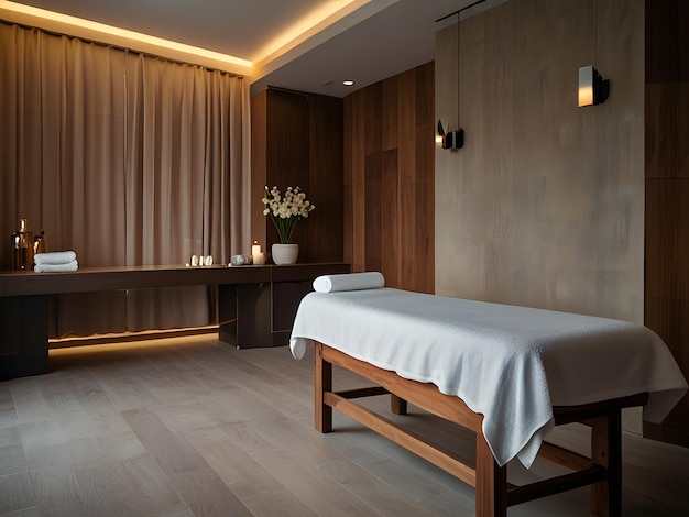 Photo wooden interior of massage room in spa salon