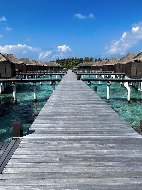 A wooden jetty in a luxury resort Maldives