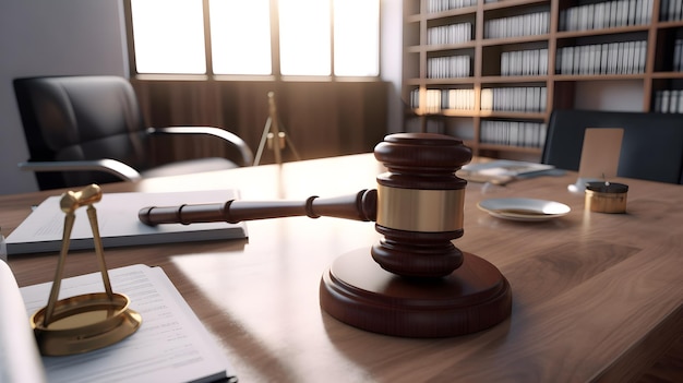 A wooden judge's gavel sits on a desk in a room with bookshelves and a book.