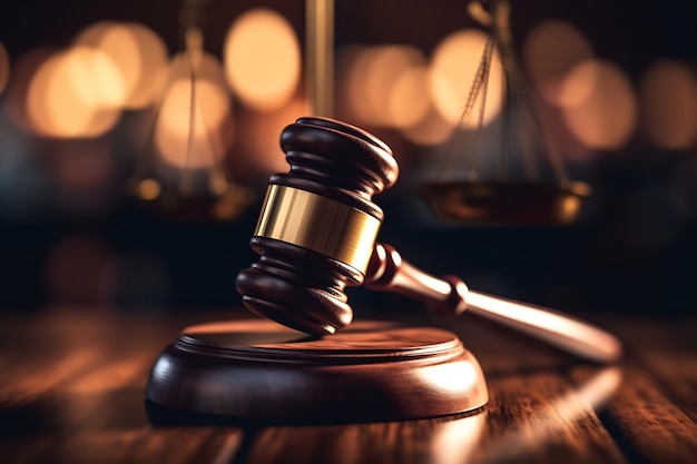 A wooden judge's gavel sits on a wooden table in front of a row of other other items.