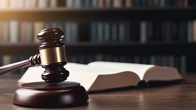 A wooden judge's gavel on the table with a book in the background