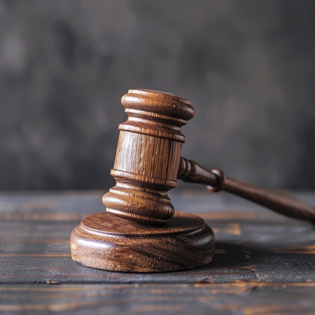 Wooden judges gavel on wooden table close up