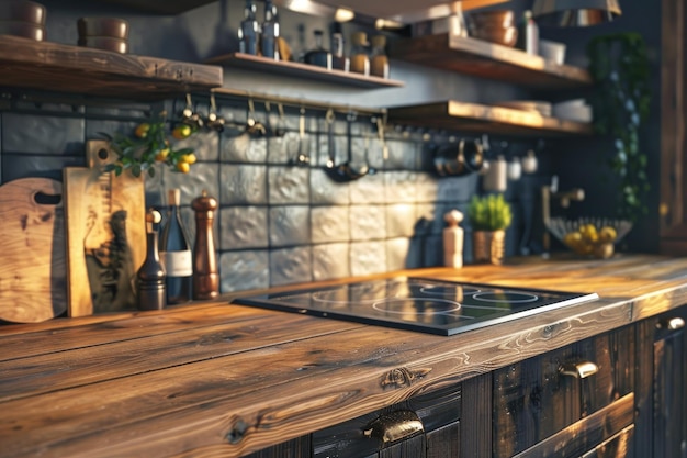 Wooden kitchen interior bar close up