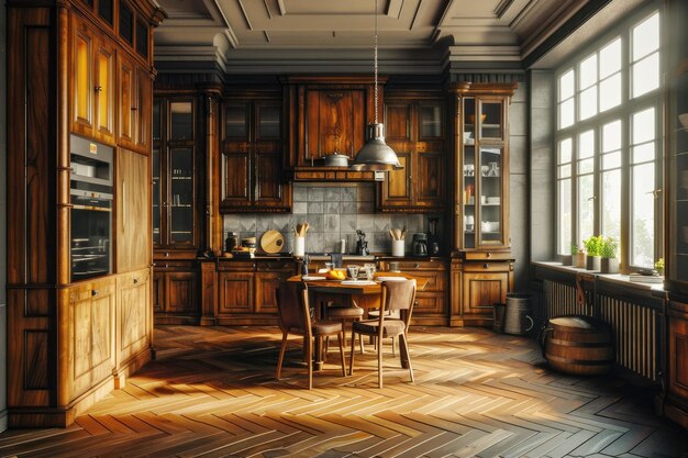 Wooden kitchen room with dining table and chairs parquet floor