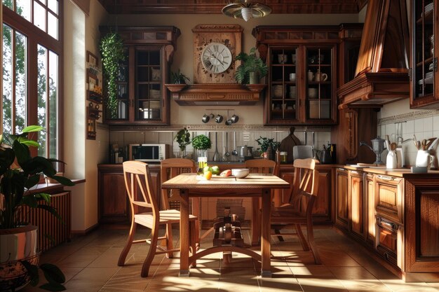 Wooden kitchen set interior with dining table and seats Mockup poster