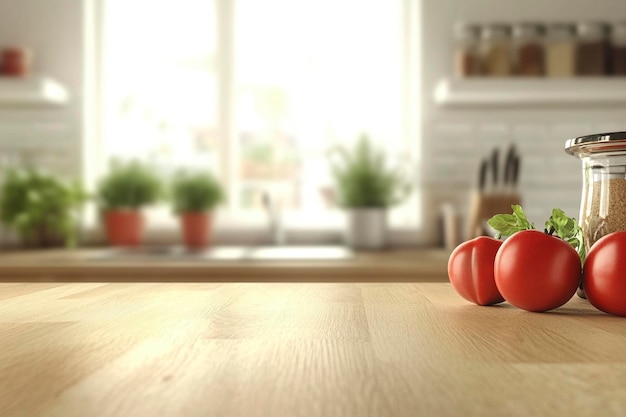 Photo wooden kitchen table with blurred background of a cozy professional chefs kitchen