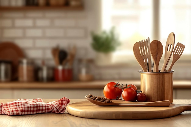 Photo wooden kitchen table with blurred background of a cozy professional chefs kitchen