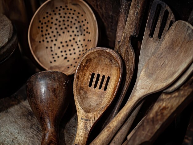 Photo wooden kitchen utensils for a rustic cooking experience