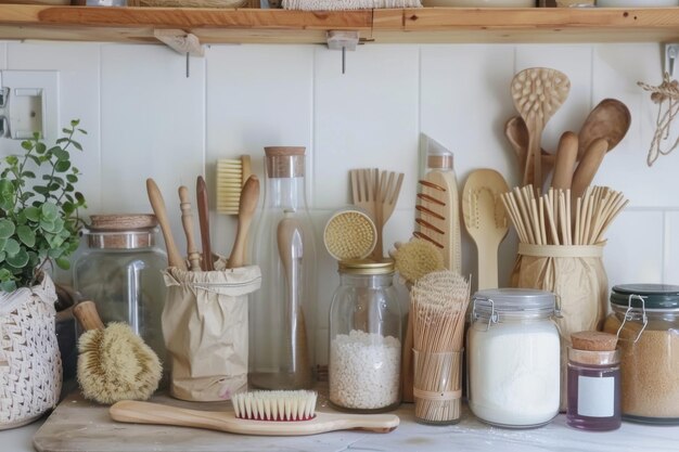 Photo wooden kitchen utensils and supplies organized on a shelf