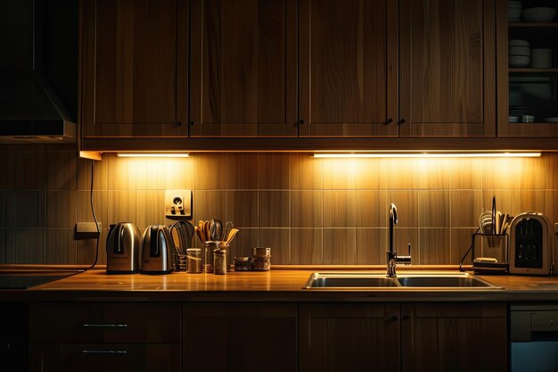 wooden kitchen with cabinet and lights contemporary kitchen in a modern style home interior concept