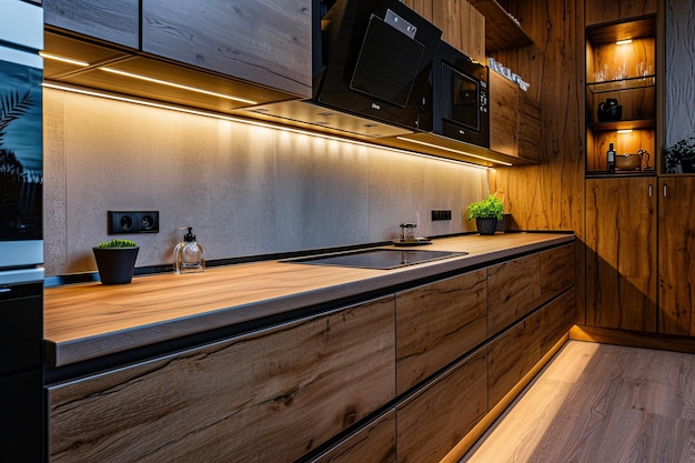 wooden kitchen with cabinet and lights contemporary kitchen in a modern style home interior concept