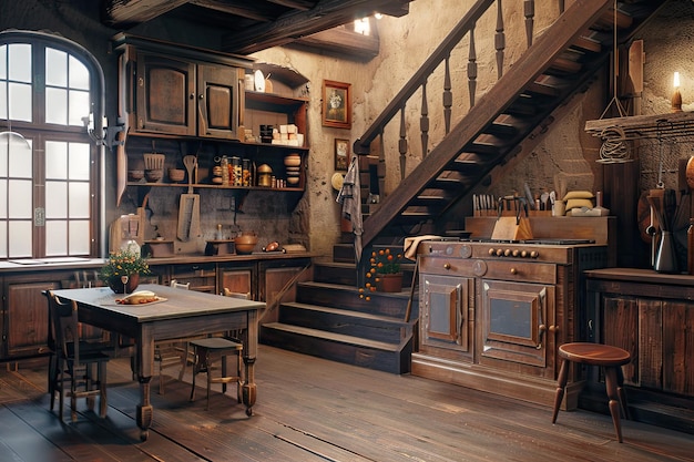 Wooden kitchen with staircase and table