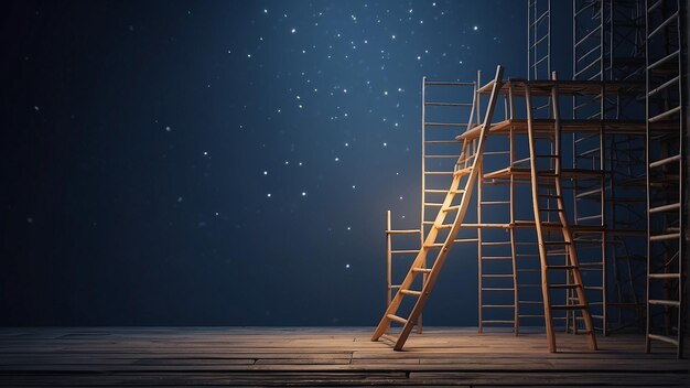 Photo a wooden ladder is leaning against a wall with the stars on the background