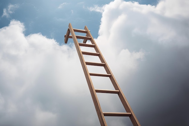 A wooden ladder is reaching up into the sky as a metaphor for a new world.