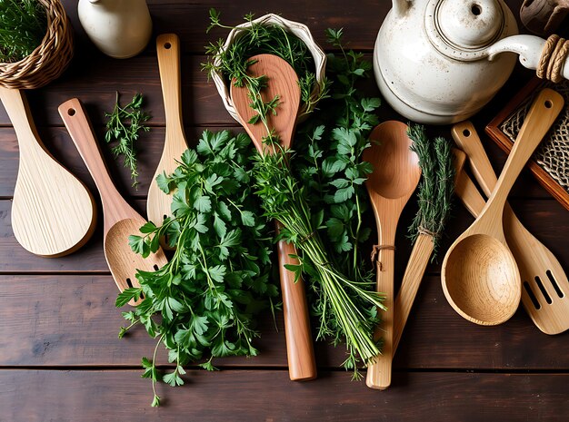 Wooden Ladle Serving Stew in Cozy Cabin Kitchen with Handmade Bowls