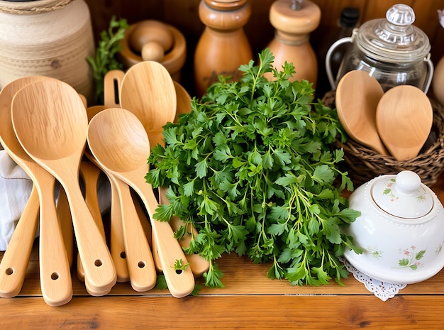 Wooden Ladle Serving Stew in Cozy Cabin Kitchen with Handmade Bowls