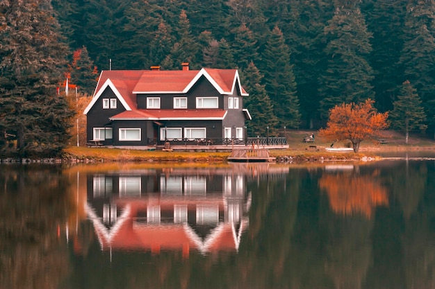 Wooden Lake house inside forest in Bolu