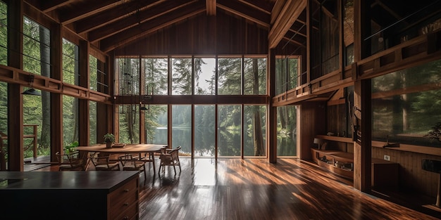 Wooden lake house inside forest