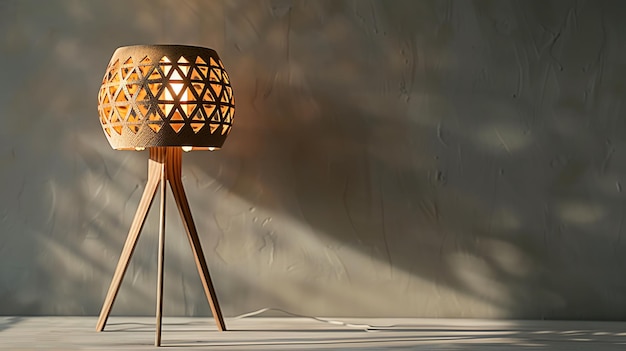 Photo a wooden lamp with a geometric patterned shade is turned on in a room with a textured white wall