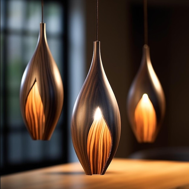 Wooden lamps in the interior of a cafe Closeup