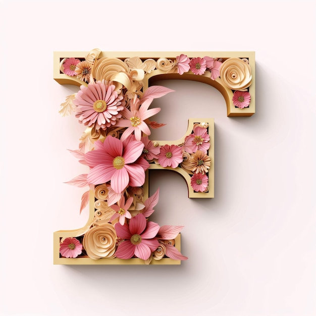 Wooden letter with pink flowers on white background 3d rendering letter F