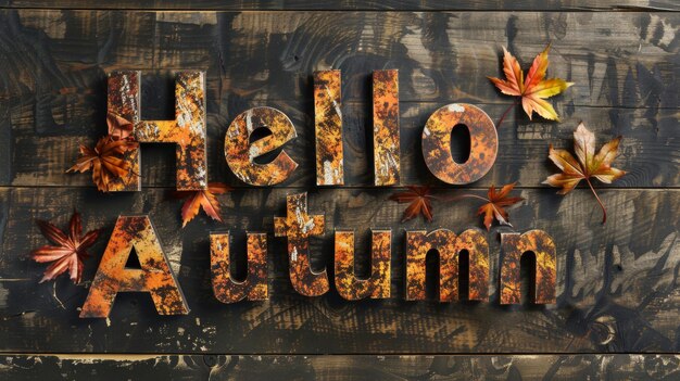 Wooden letters spelling out Hello Autumn are decorated with autumn leaves and placed on a rustic wooden background