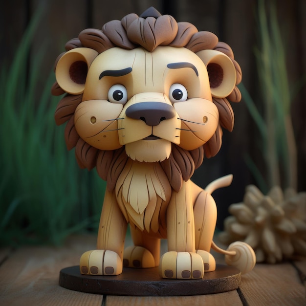 A wooden lion figurine with a brown mane and a pine cone on the top.