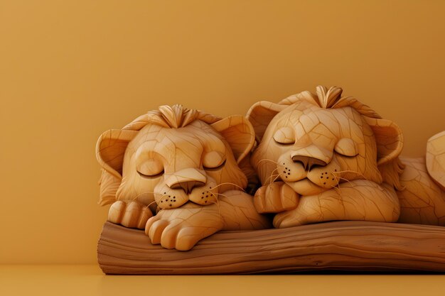 Wooden Lions in Peaceful Slumber A 3D Rendered of Craftsmanship